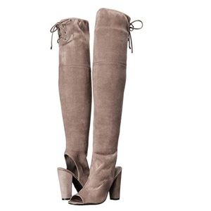 Guess tan faux suede open toe thigh high boots sz 7